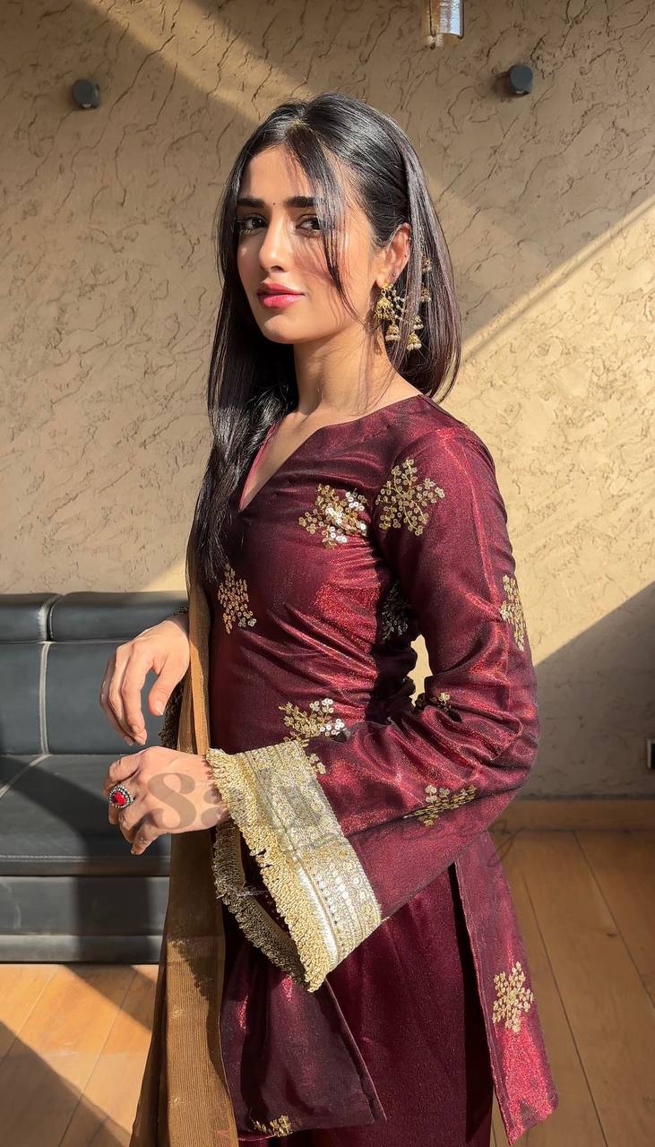 Deep Maroon Silk Straight Kurti with Palazzo & Organza Dupatta
