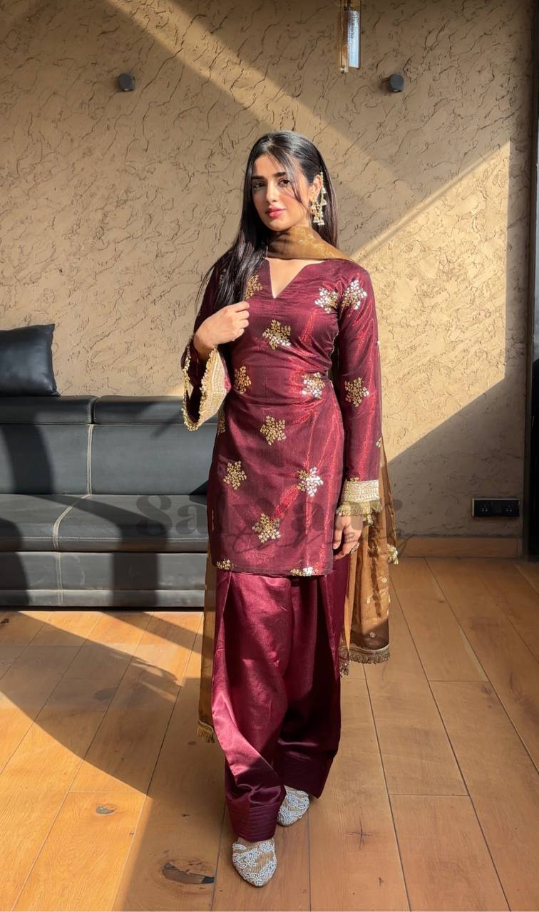 Deep Maroon Silk Straight Kurti with Palazzo & Organza Dupatta