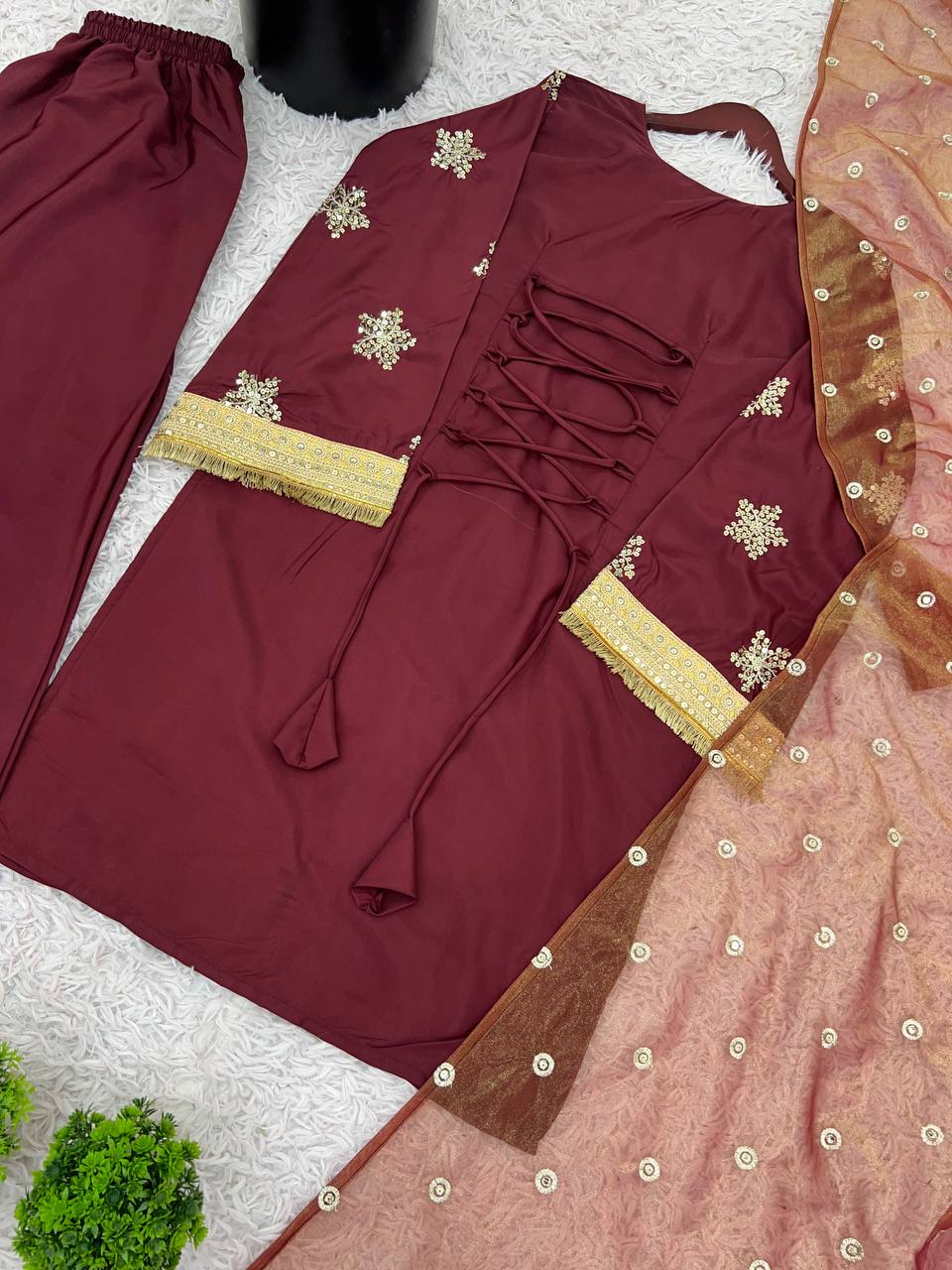 Deep Maroon Silk Straight Kurti with Palazzo & Organza Dupatta