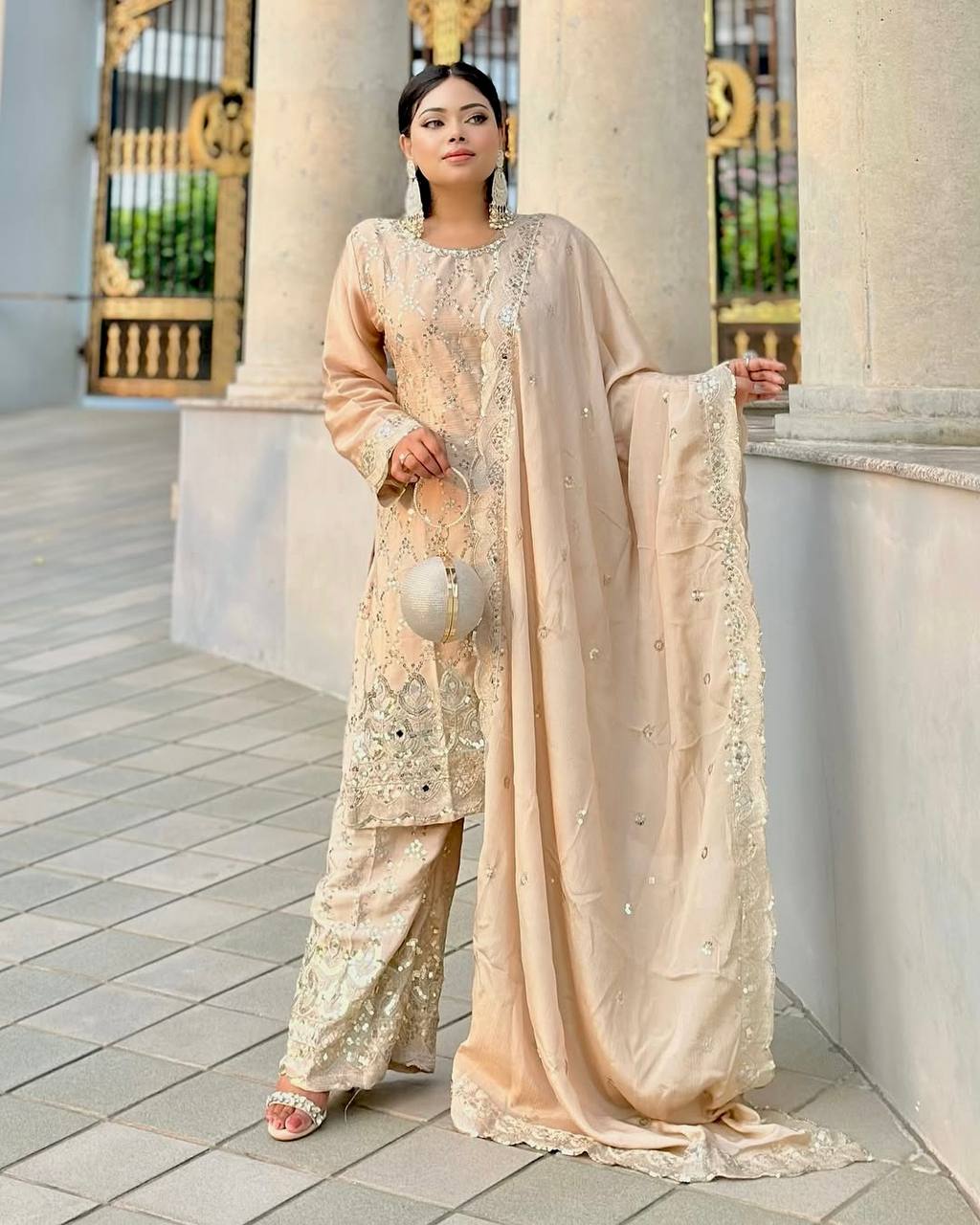 Champagne Gold Heavy Embroidered Straight Suit with Palazzo & Dupatta