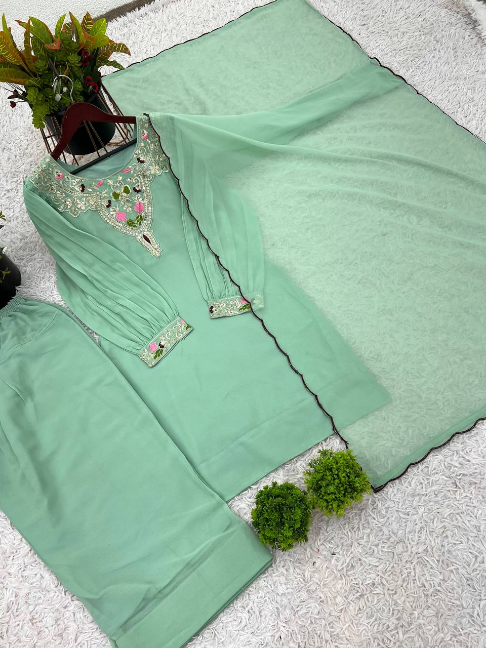Elegant Embroidered Straight Suit Set with Handcrafted Dupatta