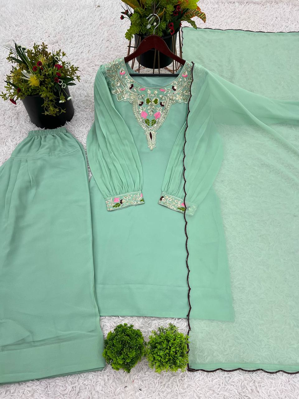 Elegant Embroidered Straight Suit Set with Handcrafted Dupatta