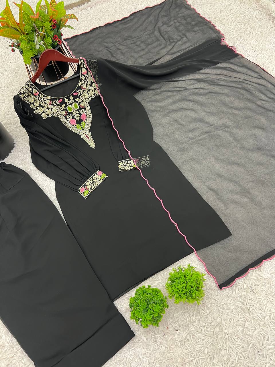 Elegant Embroidered Straight Suit Set with Handcrafted Dupatta