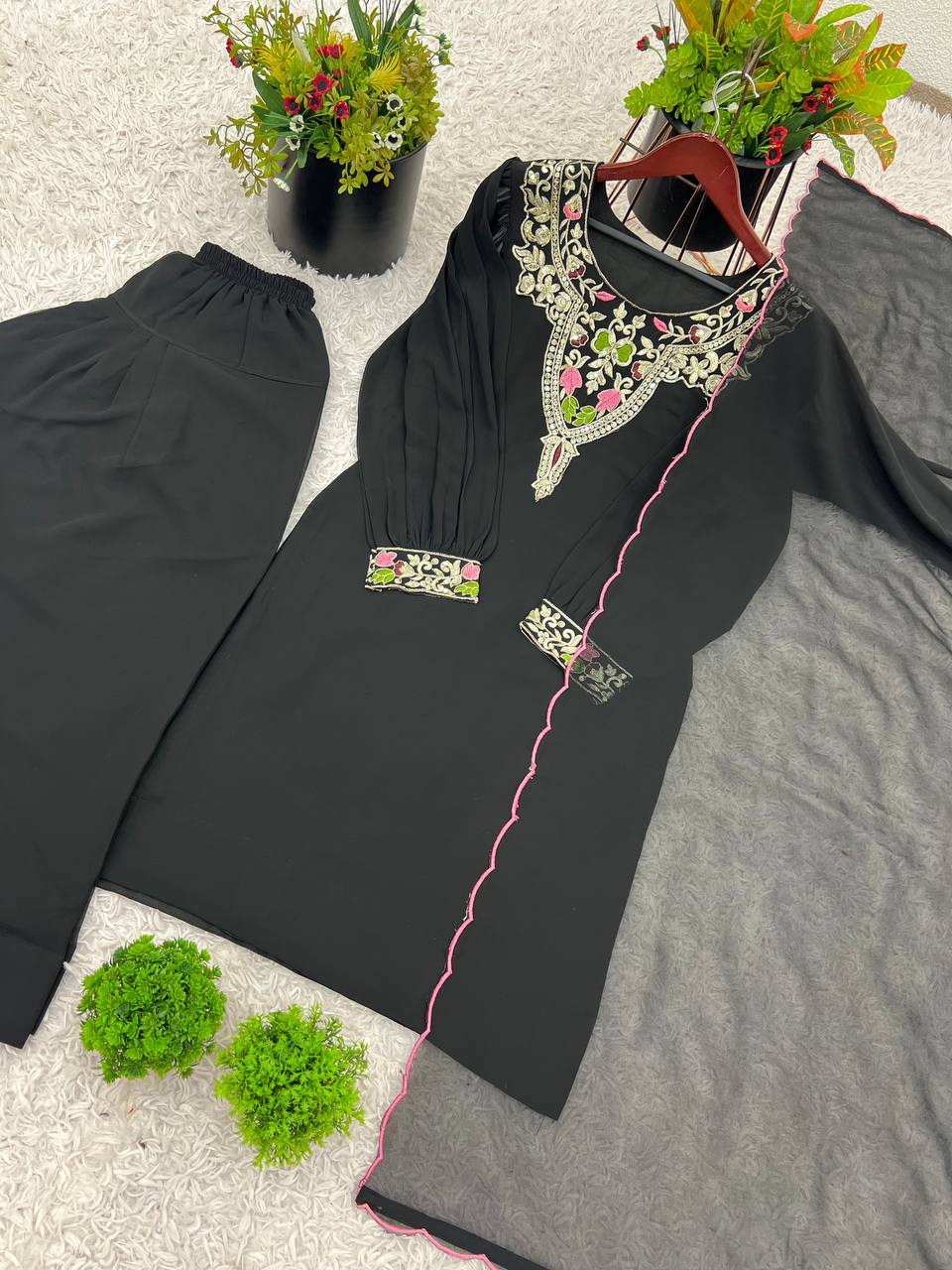 Elegant Embroidered Straight Suit Set with Handcrafted Dupatta