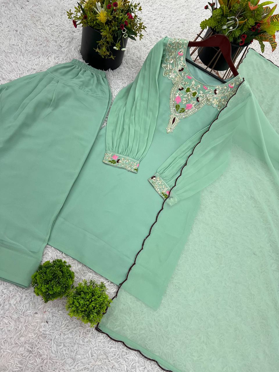 Elegant Embroidered Straight Suit Set with Handcrafted Dupatta