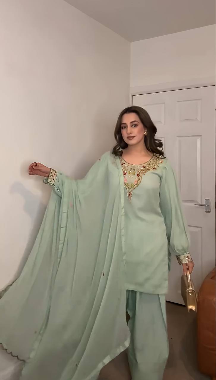 Elegant Embroidered Straight Suit Set with Handcrafted Dupatta