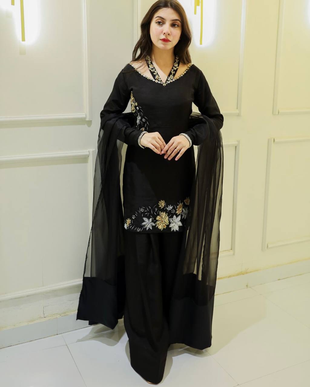 Chic Black Floral Embroidered Straight Suit with Sheer Dupatta