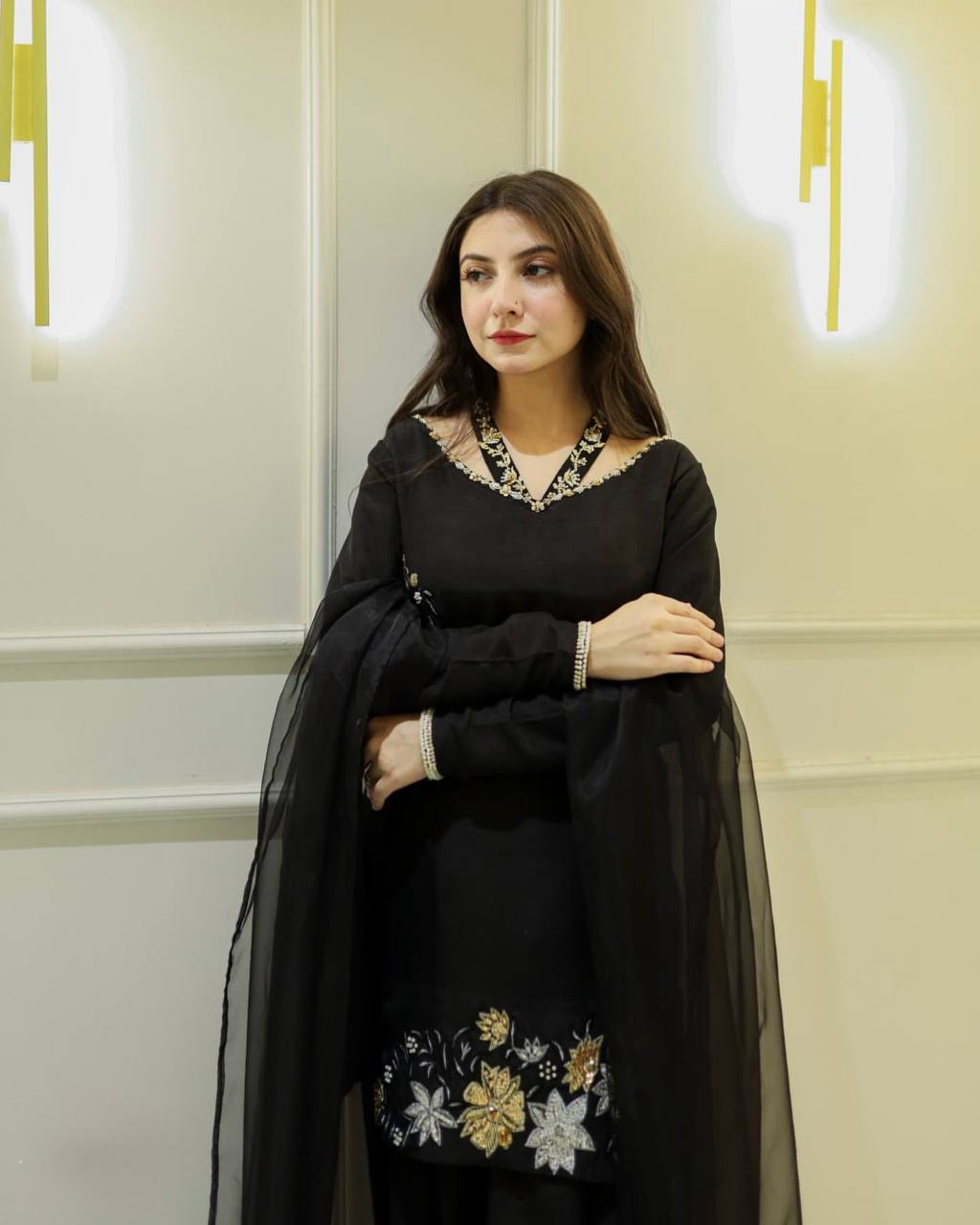 Chic Black Floral Embroidered Straight Suit with Sheer Dupatta