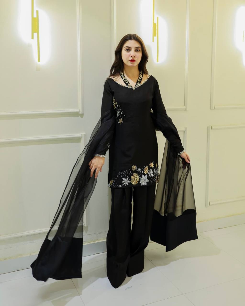 Chic Black Floral Embroidered Straight Suit with Sheer Dupatta