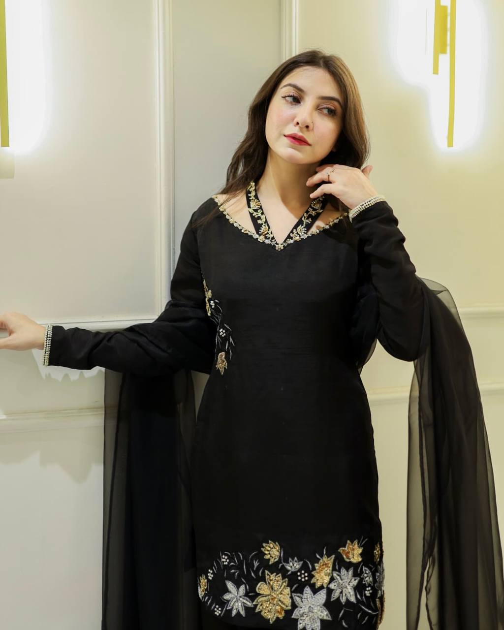 Chic Black Floral Embroidered Straight Suit with Sheer Dupatta