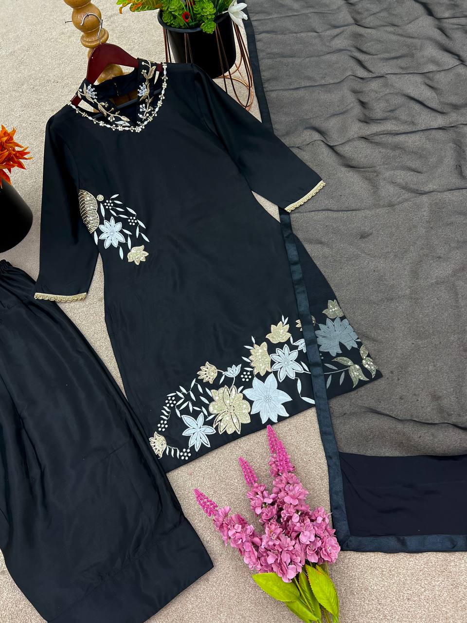 Chic Black Floral Embroidered Straight Suit with Sheer Dupatta