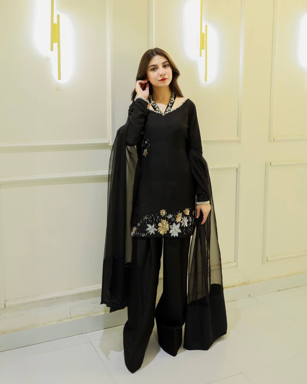 Chic Black Floral Embroidered Straight Suit with Sheer Dupatta
