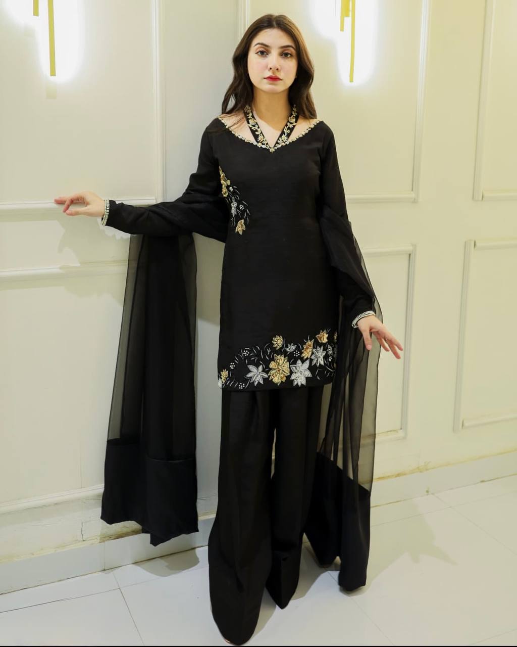 Chic Black Floral Embroidered Straight Suit with Sheer Dupatta