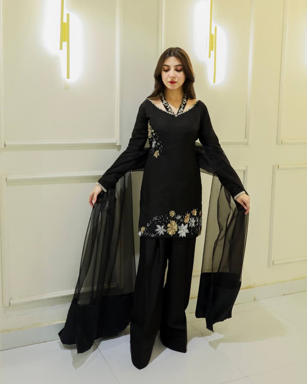 Chic Black Floral Embroidered Straight Suit with Sheer Dupatta