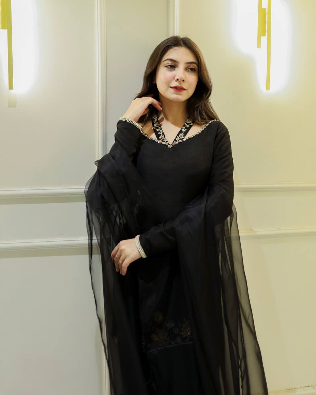 Chic Black Floral Embroidered Straight Suit with Sheer Dupatta