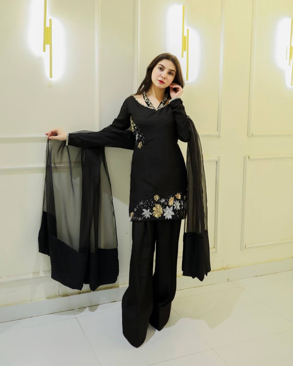 Chic Black Floral Embroidered Straight Suit with Sheer Dupatta