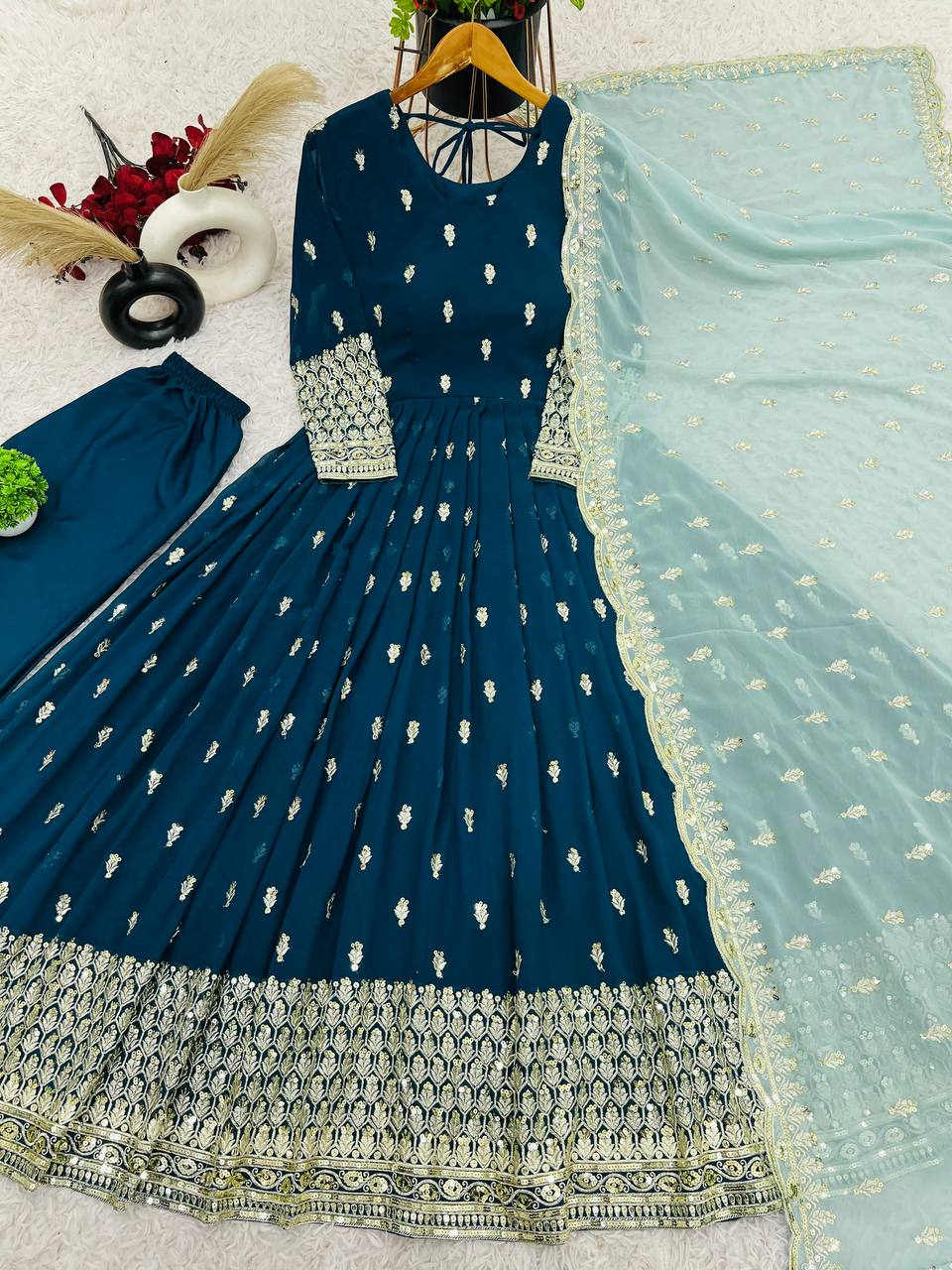 Elegant Teal Blue Embroidered Anarkali with Pastel Dupatta