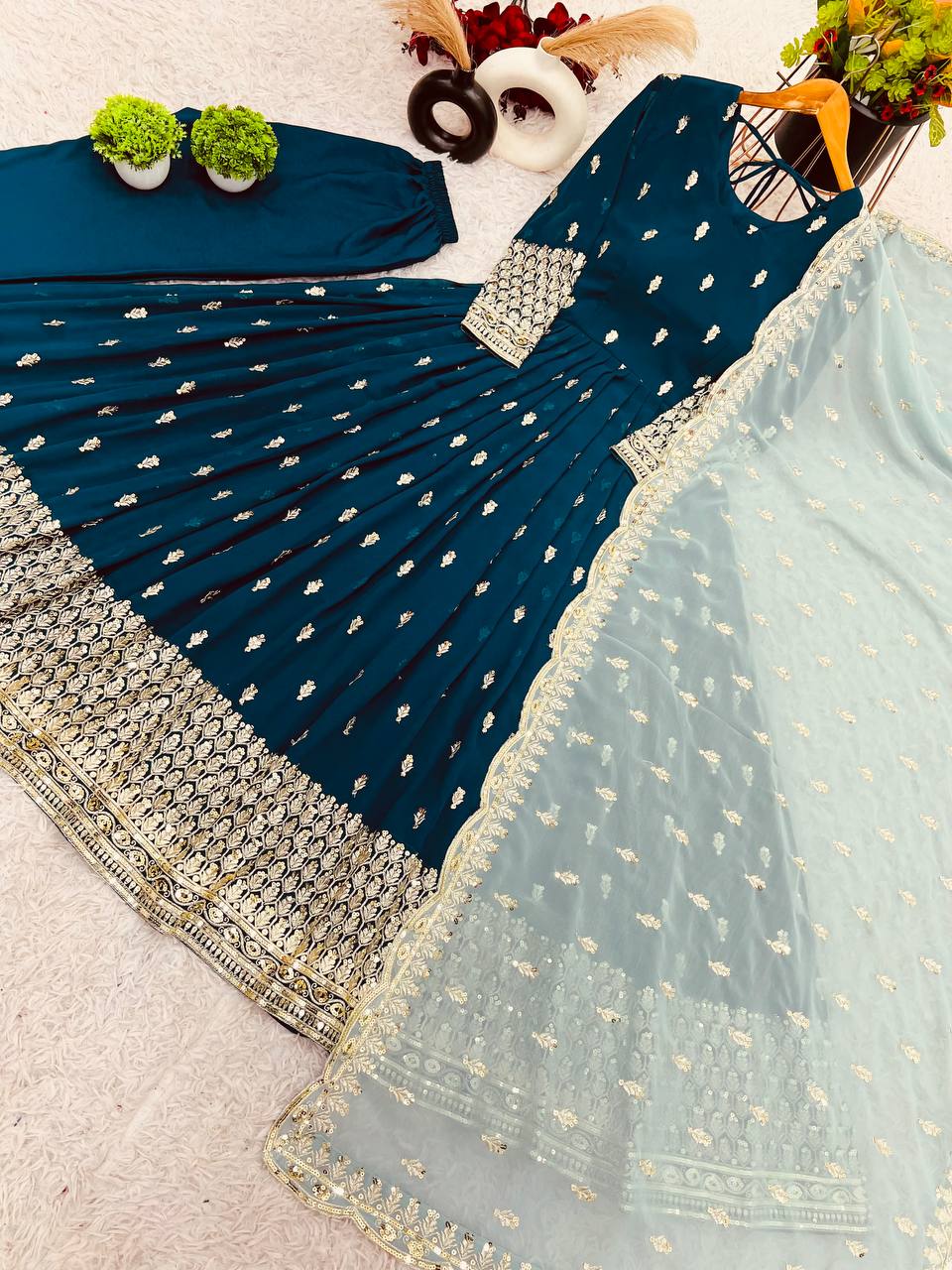 Elegant Teal Blue Embroidered Anarkali with Pastel Dupatta