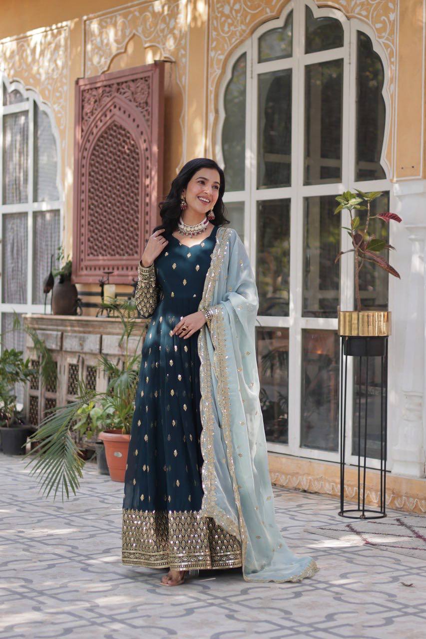 Elegant Teal Blue Embroidered Anarkali with Pastel Dupatta