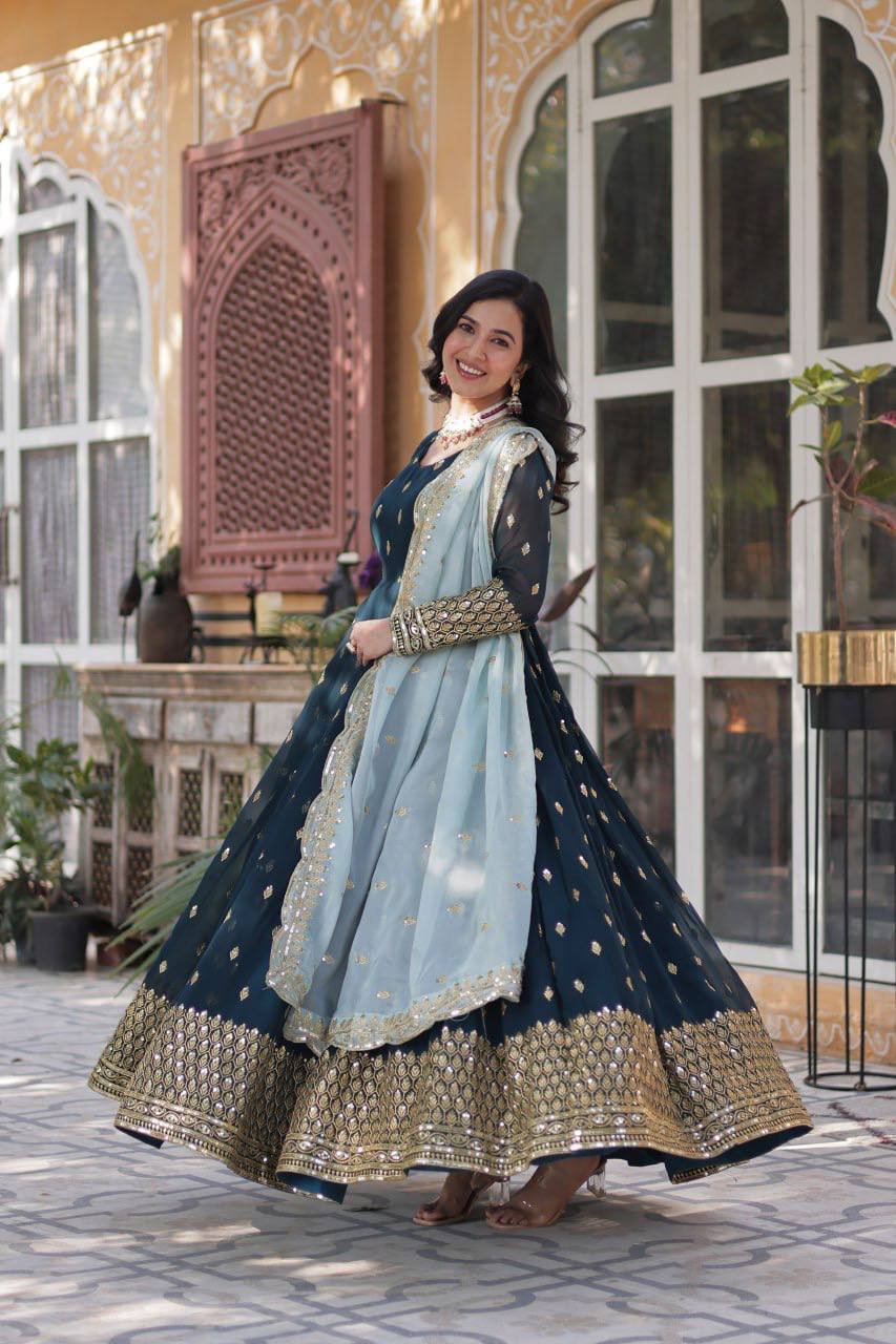 Elegant Teal Blue Embroidered Anarkali with Pastel Dupatta