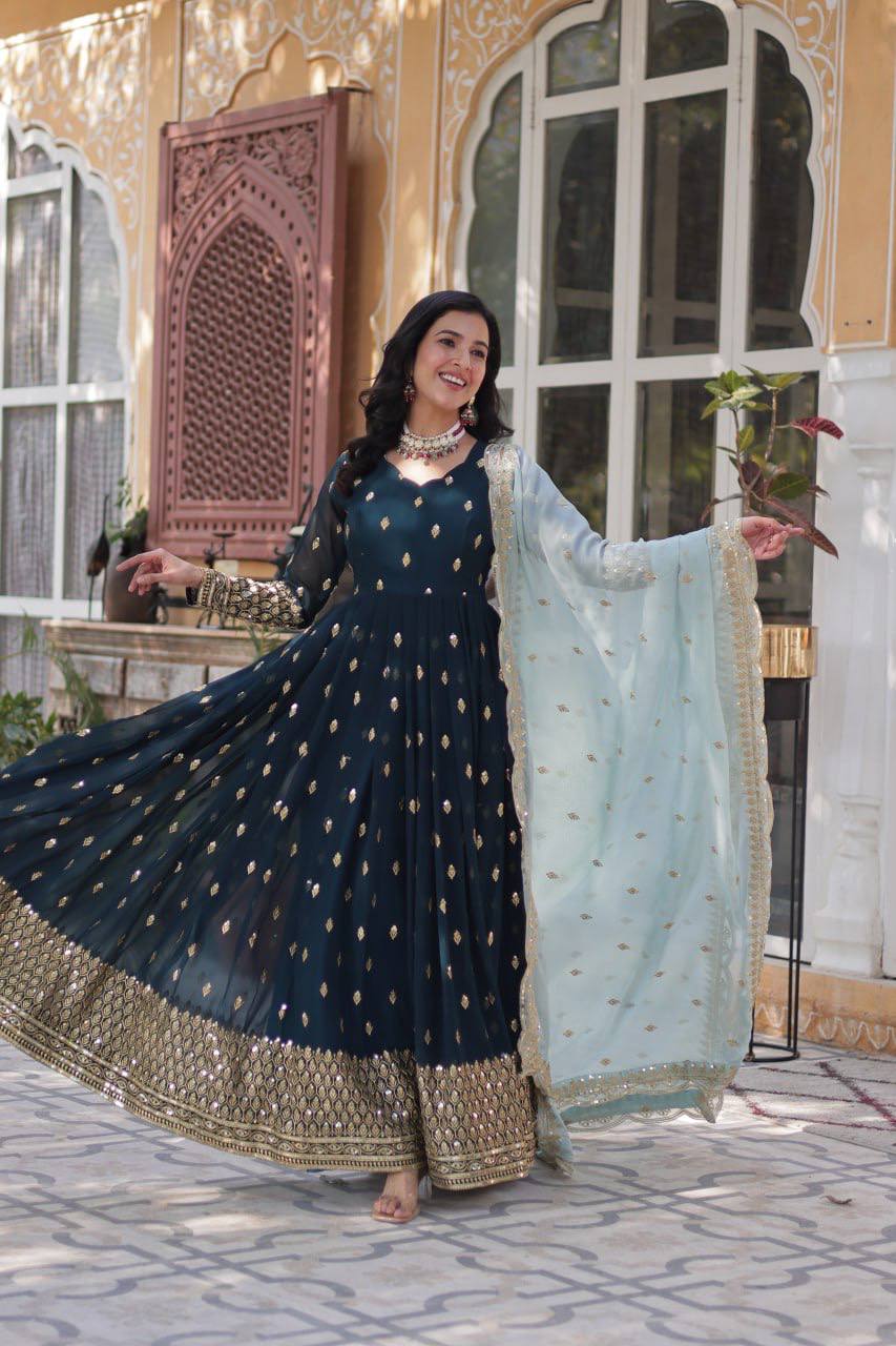 Elegant Teal Blue Embroidered Anarkali with Pastel Dupatta