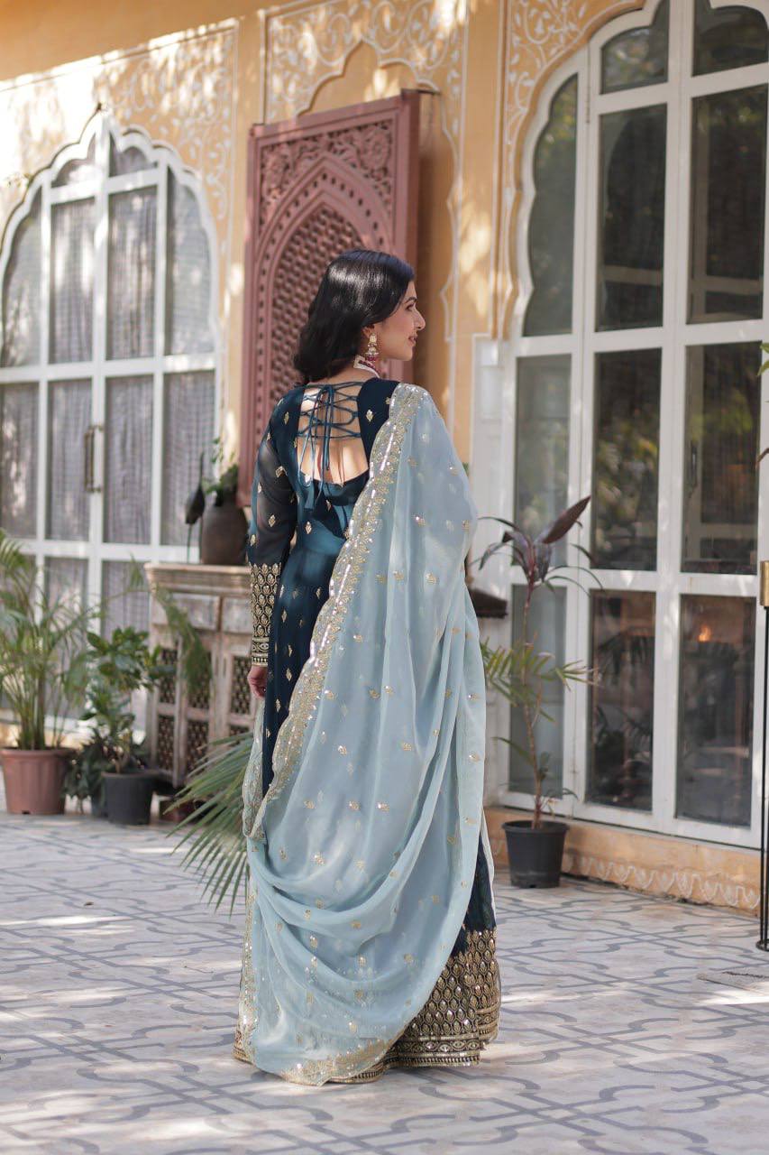 Elegant Teal Blue Embroidered Anarkali with Pastel Dupatta
