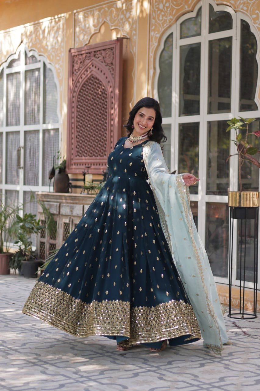 Elegant Teal Blue Embroidered Anarkali with Pastel Dupatta