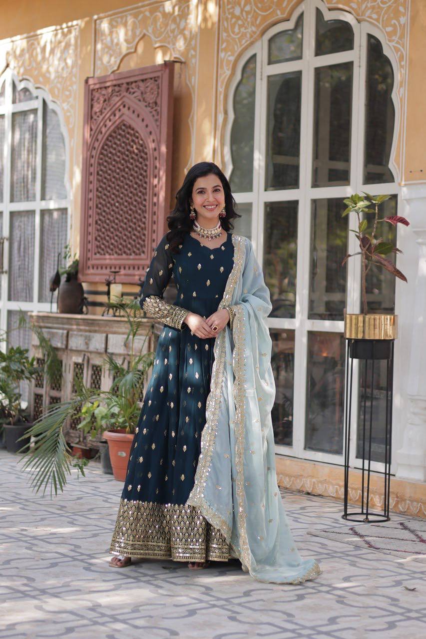 Elegant Teal Blue Embroidered Anarkali with Pastel Dupatta