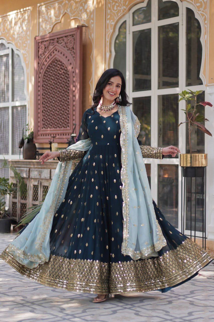 Elegant Teal Blue Embroidered Anarkali with Pastel Dupatta
