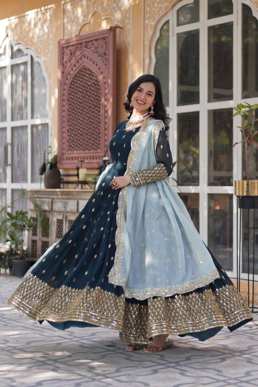 Elegant Teal Blue Embroidered Anarkali with Pastel Dupatta