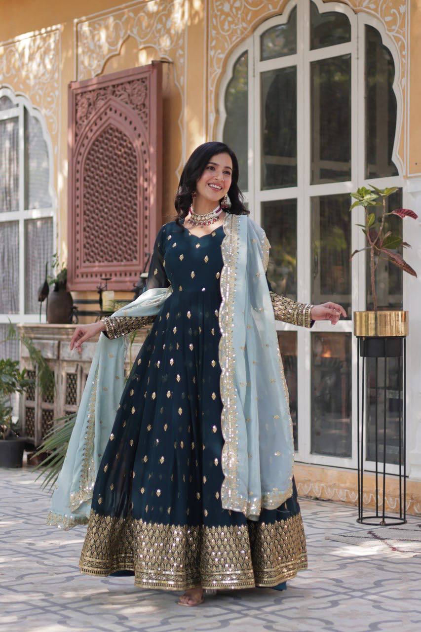Elegant Teal Blue Embroidered Anarkali with Pastel Dupatta