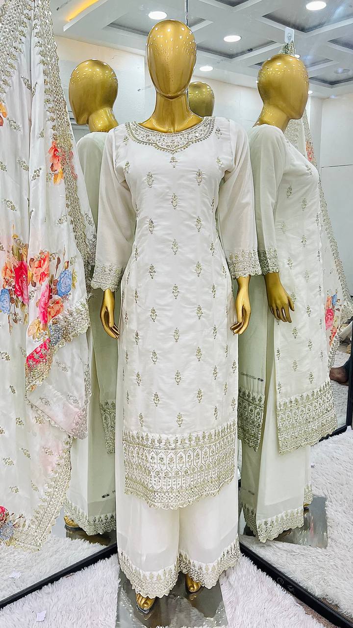 Ivory Pearl Heavy Embroidered Pakistani Suit with Floral Dupatta