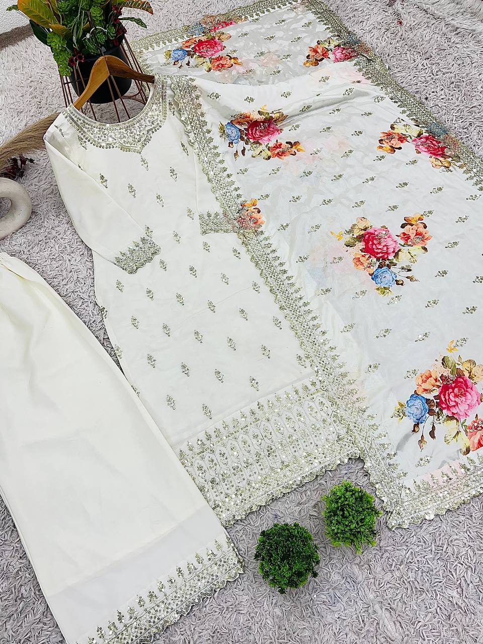 Ivory Pearl Heavy Embroidered Pakistani Suit with Floral Dupatta
