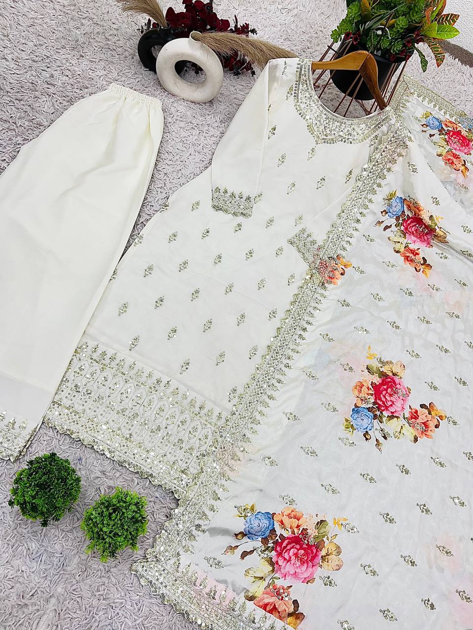 Ivory Pearl Heavy Embroidered Pakistani Suit with Floral Dupatta