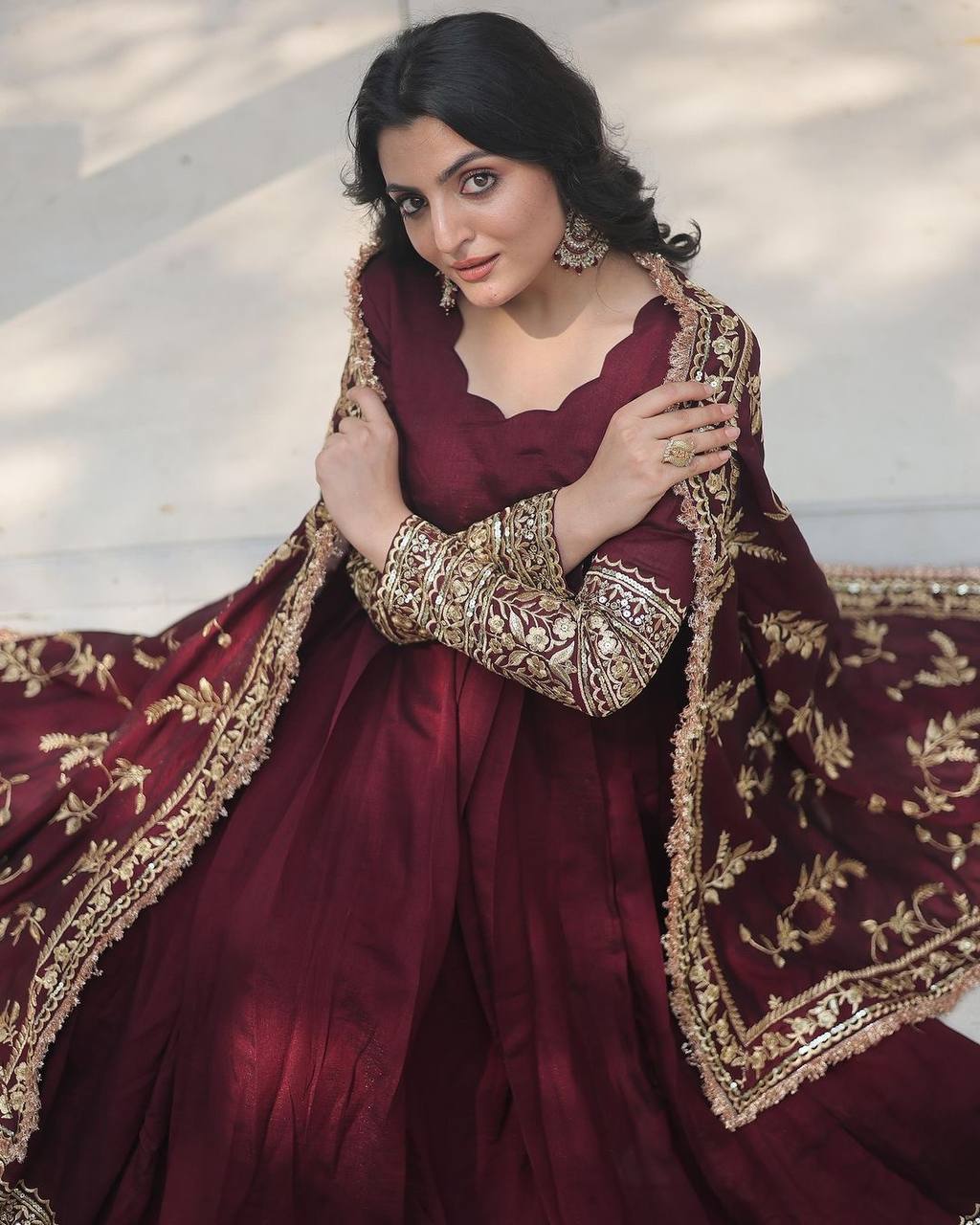 Maroon Regal Anarkali Gown with Heavy Zari Embroidery & Velvet Dupatta