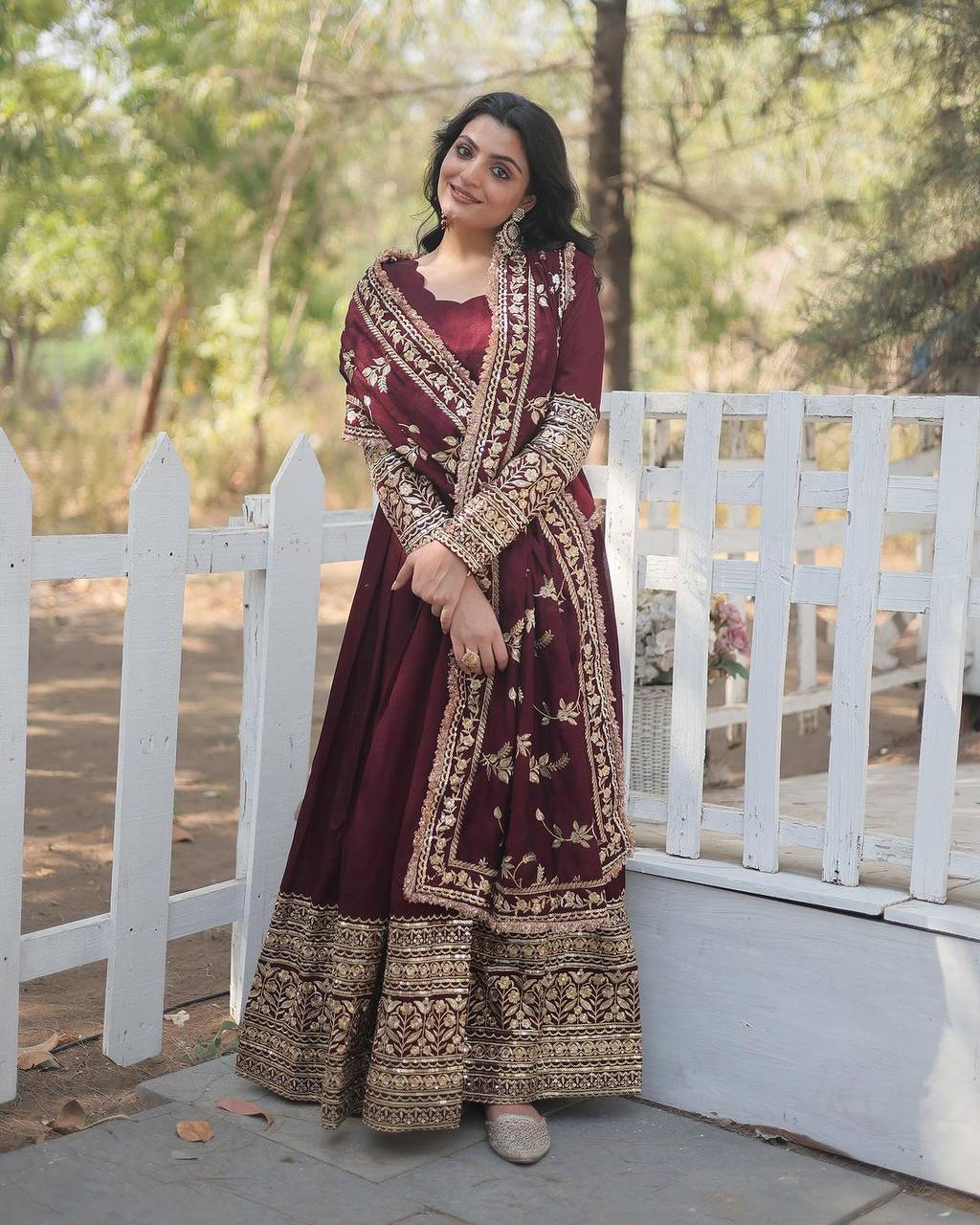 Maroon Regal Anarkali Gown with Heavy Zari Embroidery & Velvet Dupatta
