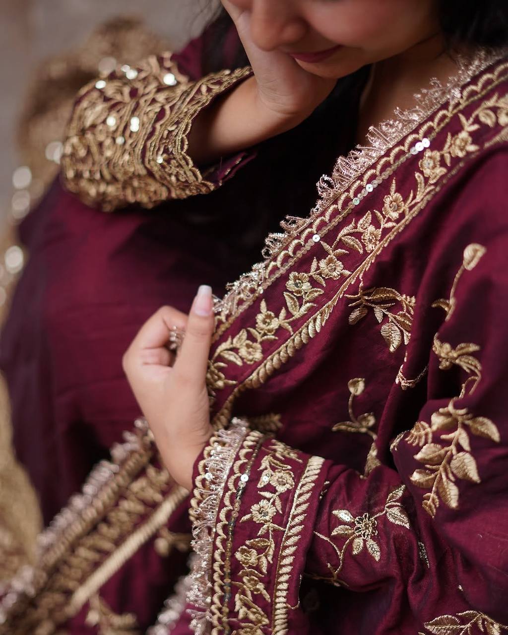 Maroon Regal Anarkali Gown with Heavy Zari Embroidery & Velvet Dupatta