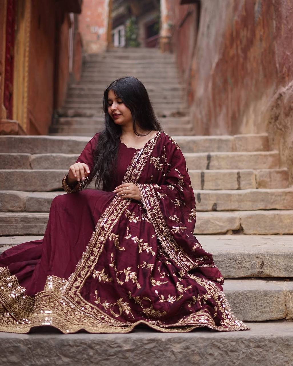 Maroon Regal Anarkali Gown with Heavy Zari Embroidery & Velvet Dupatta