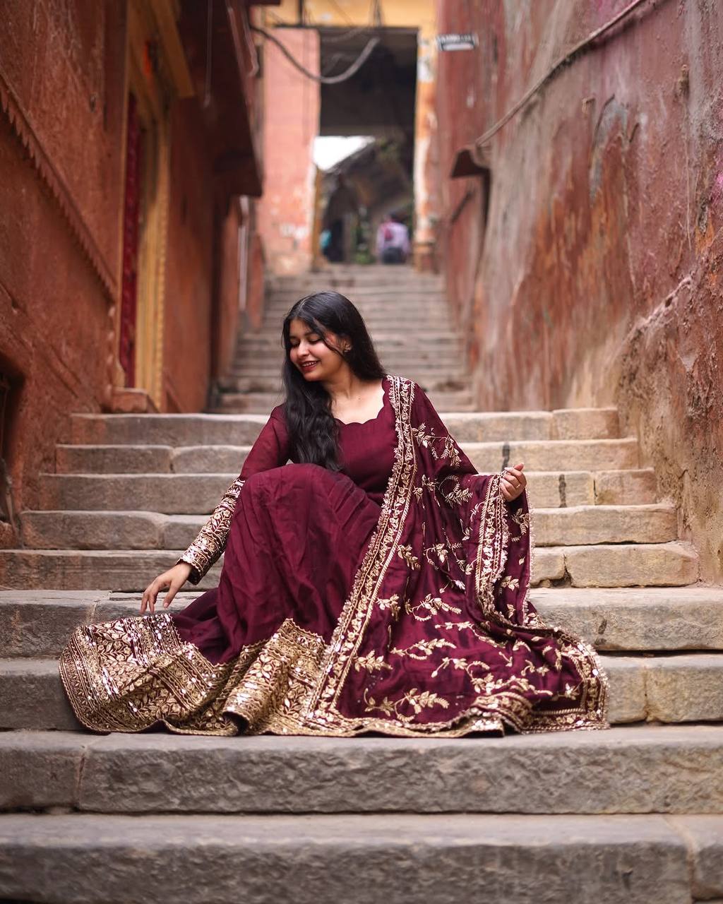 Maroon Regal Anarkali Gown with Heavy Zari Embroidery & Velvet Dupatta