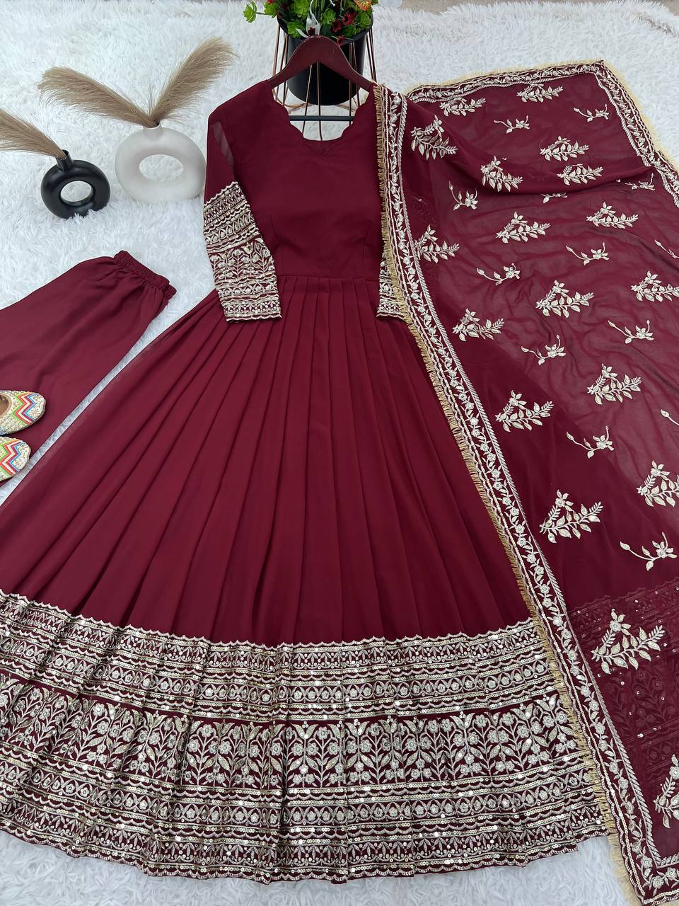 Maroon Regal Anarkali Gown with Heavy Zari Embroidery & Velvet Dupatta