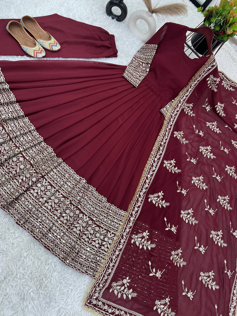 Maroon Regal Anarkali Gown with Heavy Zari Embroidery & Velvet Dupatta