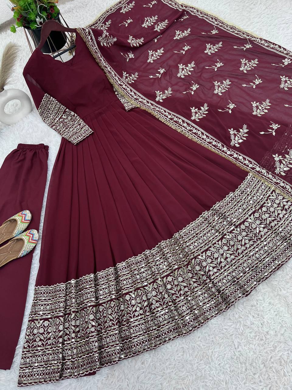 Maroon Regal Anarkali Gown with Heavy Zari Embroidery & Velvet Dupatta