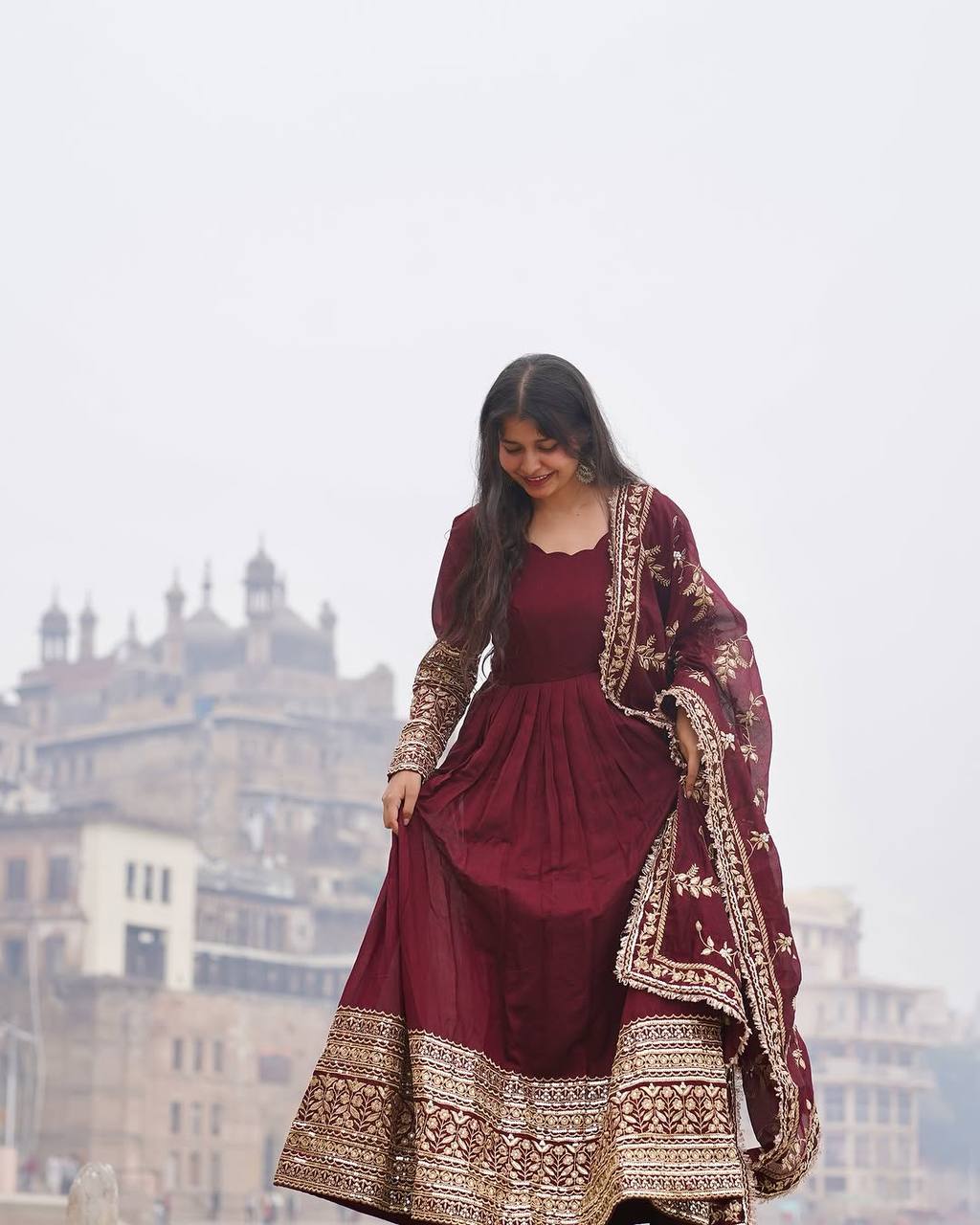 Maroon Regal Anarkali Gown with Heavy Zari Embroidery & Velvet Dupatta