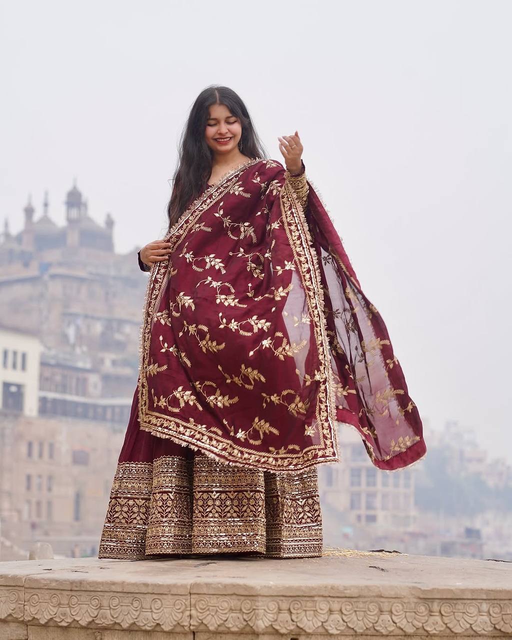 Maroon Regal Anarkali Gown with Heavy Zari Embroidery & Velvet Dupatta