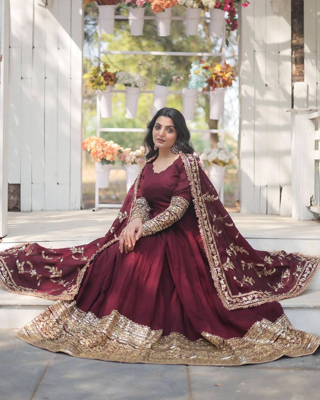 Maroon Regal Anarkali Gown with Heavy Zari Embroidery & Velvet Dupatta