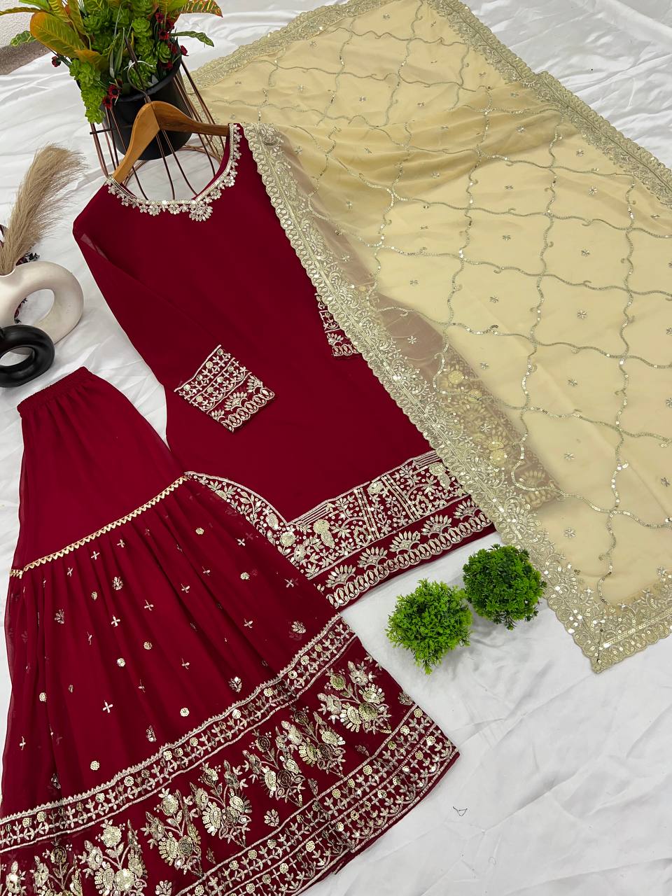 Maroon Bridal Sharara Set with Heavy Zari Embroidery & Golden Dupatta
