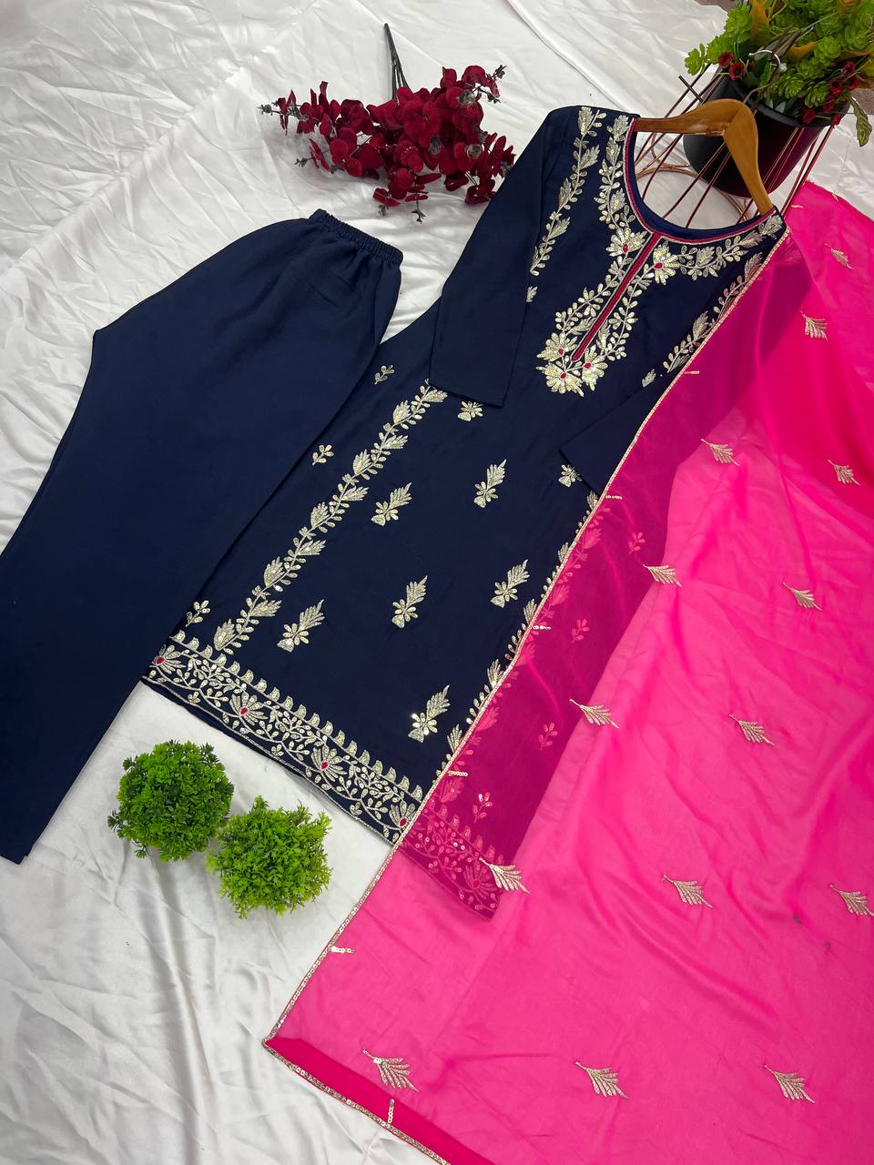 Organza Embroidered Straight Kurta Set with Vibrant Pink Dupatta