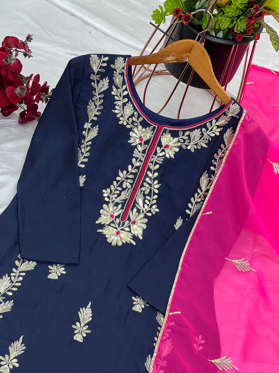 Organza Embroidered Straight Kurta Set with Vibrant Pink Dupatta