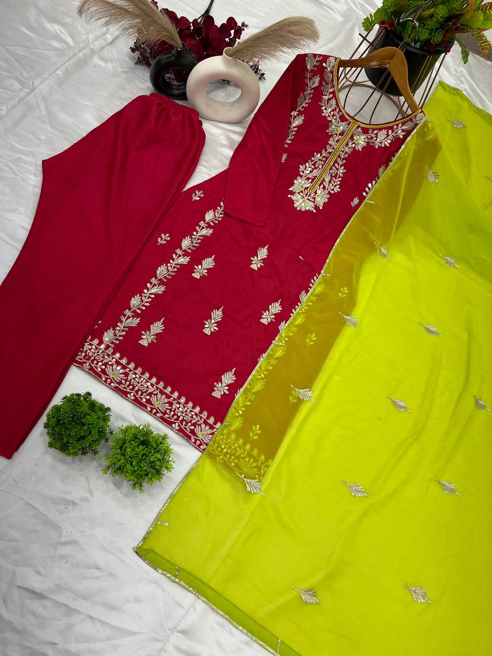Organza Embroidered Straight Kurta Set with Vibrant Pink Dupatta