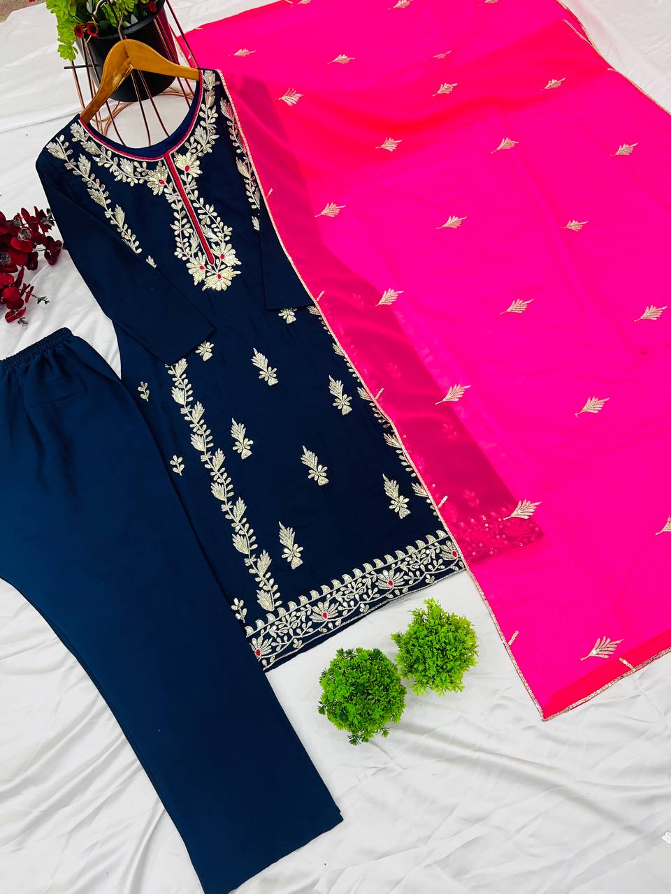 Organza Embroidered Straight Kurta Set with Vibrant Pink Dupatta